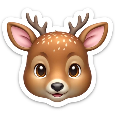 Cinematic Cute Deer Portrait Emoji, Head tilted playfully and inquisitively, showcasing a delicate Fur speckled with subtle white spots and gentle earth tones, round, sparkling eyes filled with curious wonder, Simplified yet irresistibly adorable features, highly detailed, glowing with a warm, friendly glow, high shine, affectionate and graceful, stylized with a touch of woodland whimsy, bright and endearing, soft glowing outline, capturing the essence of a mischievous yet loving fawn, so playful it feels like it could skip out of the screen into your arms! sticker
