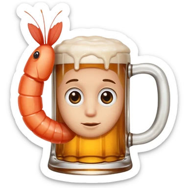 Genérame un camarón con su tarro en mano de cerveza moderna, asomándose por un costado con cara de curiosidad  sticker