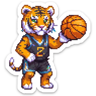 cartoon tiger playing basketball pixel art sticker
