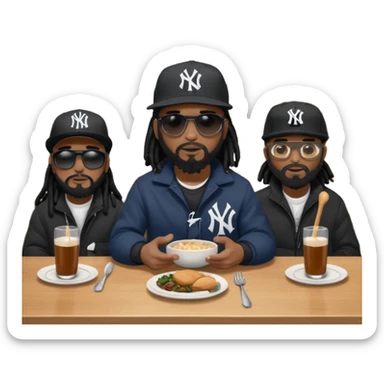 African American man with shoulder length black dreadlocks with black beard wearing black sunglasses wearing a black New York Yankees logo baseball Cap wearing a black bubble winter coat sitting a kitchen table with other men with dreadlocks all sitting in chairs eating dinner at kitchen table sticker