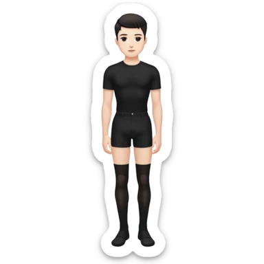 Male in his 20s, clean shaven, feminine look, wearing black thigh highs, black crops, black feminine shorts, is a femboy.   sticker