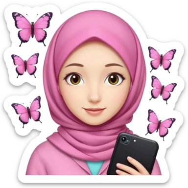 apple style emoji of an ASMR content creator girl, pink hijab with butterfly hairclips on left and right, gentle smile, surrounded by ASMR props sticker