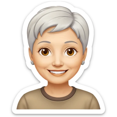 Bà lão 60 tuổi, da vàng, mặt tròn, tóc ngắn màu bạc, mặt cười tươi vui vẻ, áo nâu sticker