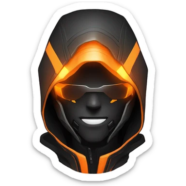  developer behind his laptop with this style : crysis Cyberpunk Valorant orange glowing bright orange character orange black hooded assassin themed character sticker