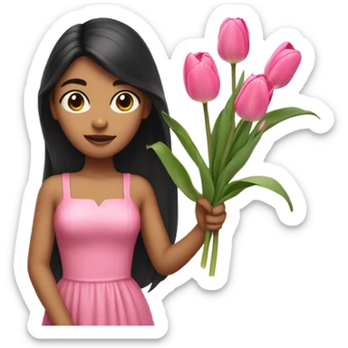 Long black hair Girl with bans holding a branch of tulip,wearing pink dress sticker