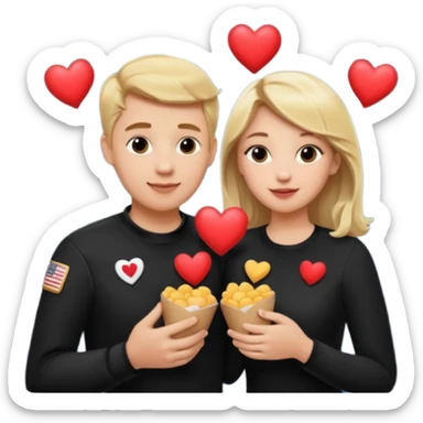 Couple with blonde hair wearing black eating chick filet hearts and outer space in the background. 
 sticker