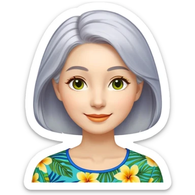A woman with light complexion, an oval face with soft rounded features, full cheeks, gentle almond-shaped eyes with subtle smile lines, silver-gray hair parted to the side and styled loosely, wearing a vibrant tropical print blouse in blue, green, and yellow, exuding warmth and joy. sticker