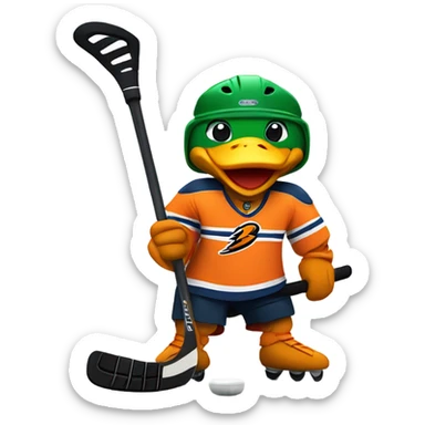Strong Duck wearing orange jersey playing hockey sticker