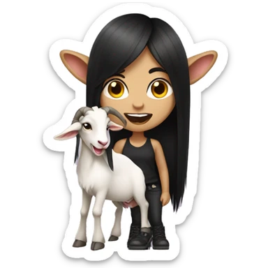 A girl with dark long hair shows her tongue and shows a rocker goat sticker