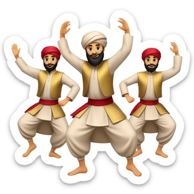 Cinematic Realistic Dabke Dance Emoji, depicted as an energetic traditional Lebanese folk dance with vibrant costumes and rhythmic movements, rendered with dynamic textures and festive natural lighting that captures its communal joy. sticker