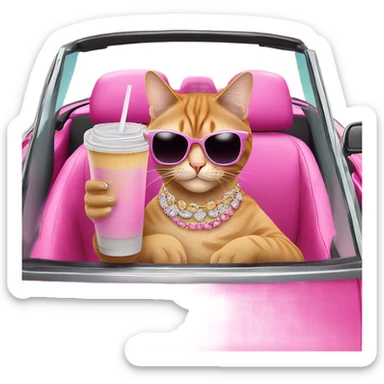 Cat with iced out jewelry and glittery sunglasses sipping on an iced coffee in a pink convertible sticker