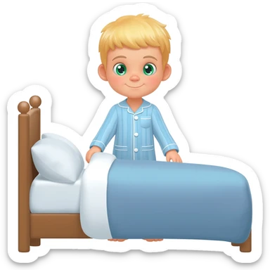 Use the same 3 year old blonde boy with green-blueish eyes as before  happy with blue pajamas making his bed with neat pillows sticker