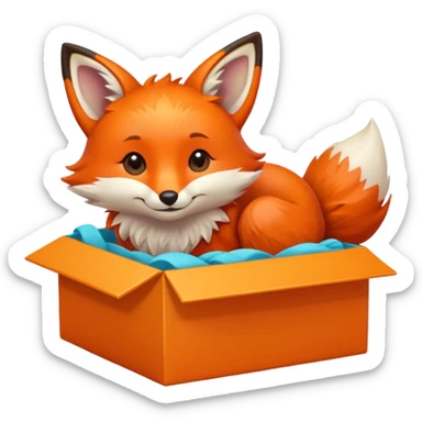 happy fox curled up in a colorful box, glancing upward, emoji style sticker