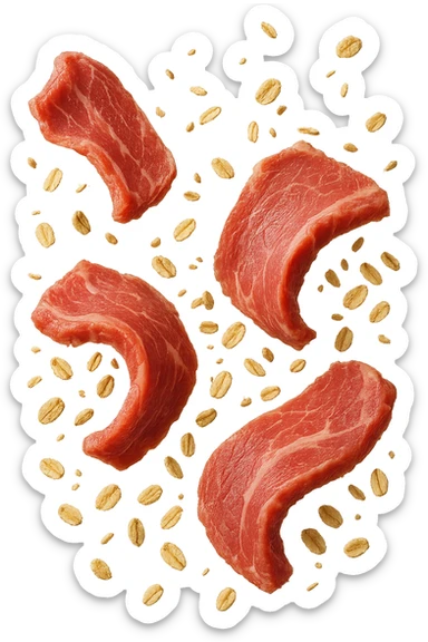 FETTINE DI CARNE FLUTTUANO IN ARIA INSIEME A FIOCCHI DI AVENA, IPERREALISTICO 4K sticker