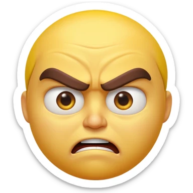 “A high-quality 3D angry emoji, intense facial expression, furrowed eyebrows, narrowed eyes, clenched mouth, vibrant yellow glossy texture, dramatic studio lighting, realistic reflections, smooth rounded shape, ultra-detailed Pixar-style 3D render, isolated on white background, 4K resolution” sticker