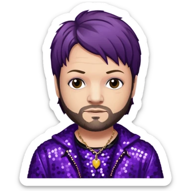 Bam Margera from Jackass with dark brown hair, dark purple sequin outfit sticker
