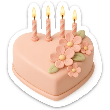 Add birthday candles to the heart-shaped fondant cake with pink flowers, fondant cake art style, keep transparent background. sticker