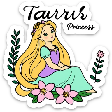 “Poster-style sticker, pastel green background. In the center: Rapunzel with long golden hair and flowers. On top: TAURUS. Below in cursive: ‘Nature’s Princess’. At the bottom: ‘Grounded, loving, graceful.’ 🌿🌸✨” sticker