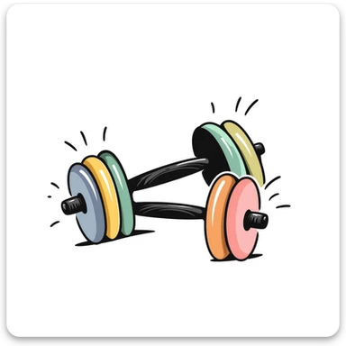 Adjustable dumbbells with weight plates in pastel colors (dd9fb0, ffc6d3, a3bfc9, c4bee2, f1b091), hand-drawn doodle style sticker