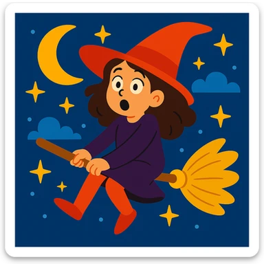 Make the brunette girl witch flying on a broomstick look surprised, keep her whimsical and magical, vibrant toon style. sticker