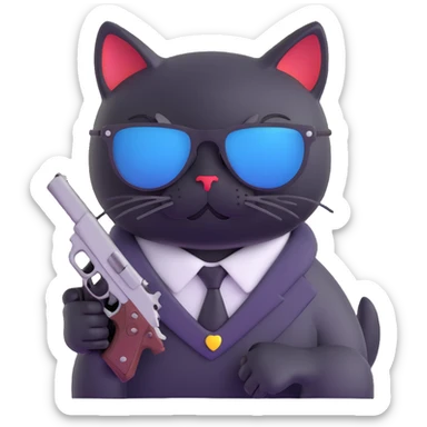 black cat with sunglasses and a gun sticker