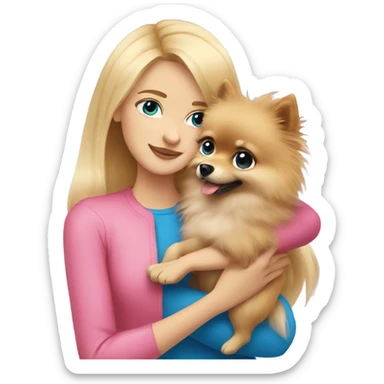 Blonde girl wearing pink with blue eyes hugging Pomeranian  sticker