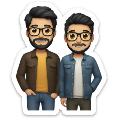 Gay couple of a 32 years old Colombian man with beard and glasses, black hair and brown holding hand with a Vietnamese man, 21 years old, no beard, with glasses sticker