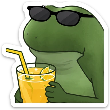 bufo frog with sunglasses, holding a tropical drink at the beach sticker