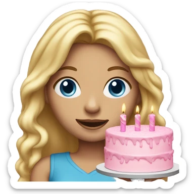 Woman with long blonde hair and blue eyes holding a pink birthday cake  sticker