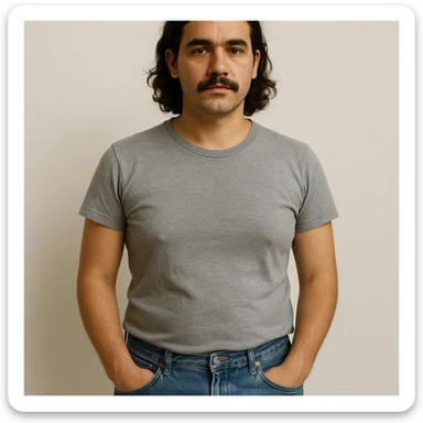 a man with feminine chest features, standing, casual clothing, minimal background sticker