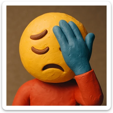 facepalm emoji with dramatic hand slap to forehead, claymation style sticker