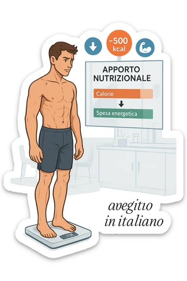 a man stands on a digital scale, looking at a nutrition chart that shows his daily calorie intake is lower than his energy expenditure. Floating icons above his head display a negative calorie balance, and his body appears slightly leaner, with visible muscle definition. The background is a modern clinic, emphasizing the concept of caloric deficit. scritto in italiano sticker