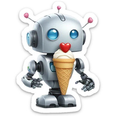 robot with heart holding icecream sticker