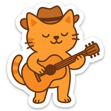 flat toon orange cowboy cat strumming an acoustic guitar  sticker