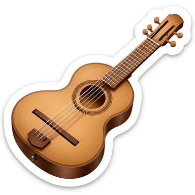 Create an elegant and traditional emoji representing a domra. The design should feature the round, wooden body of the domra with its distinct three or four strings. Include delicate details like the tuning pegs, the fingerboard, and the bridge. The wood of the domra should have a rich, warm tone, and the strings should be subtly highlighted to show their importance. Add a small musical note or two floating around to evoke the folk music it is used for. Use earthy tones like brown and gold to emphasize its classic, rustic feel. The background should be transparent. sticker