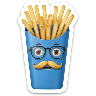 long slim crispy fries in a blue carton, carton has eyes and mustache and glassess sticker