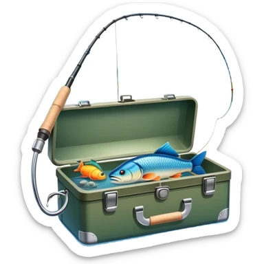 Icon for Fishing: a fishing rod with a line in the water, a tackle box, a fish on the hook, and a peaceful lake or river background. The icon should capture the calm and skill of fishing. Transparent background. sticker