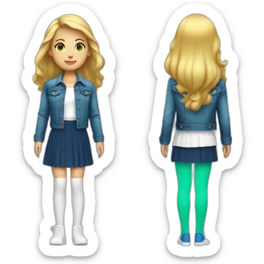 Blonde girl with bang and tail, in blue denim jacket, white T-shirt, green tights and elongated blue chiffon skirt sticker