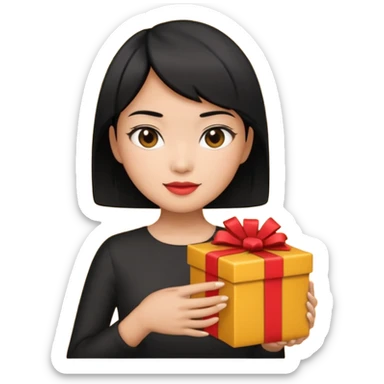 asian woman short hair tanned, holding with black present - emoji style sticker
