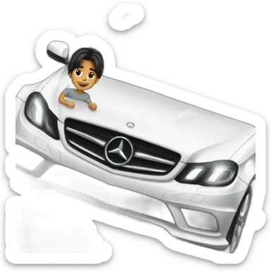 a boy with long hair driving a mercedes sticker