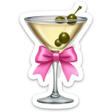 Martini glass with champagne colored liquid and and olive inside it with a pink bow on the rim sticker