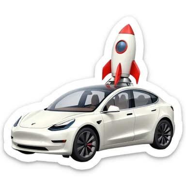 Tesla model 3 white with small rocket mounted flat on roof for extra propulsion sticker
