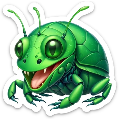 Cinematic Cute Yawning Green Bugdie Portrait Emoji, Head tilted slightly with a dramatic, wide-open yawn, showcasing a smooth, vibrant emerald exoskeleton with delicate patterns and tiny drooping antennae, round multifaceted eyes barely open in drowsy contentment, Simplified yet irresistibly adorable features, highly detailed, glowing with a soft, cozy glow, high shine, relaxed yet expressive, stylized with a touch of whimsy, bright and endearing, soft glowing outline, capturing the essence of a sleepy yet endearing insect, so drowsy it feels like it could stretch out of the screen and curl up for a nap! sticker