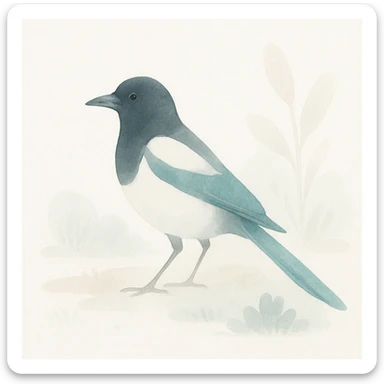 Eurasian magpie, watercolor style, soft brush strokes, natural setting sticker