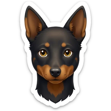 Cinematic Noble Black and Tan Kelpie Portrait Emoji, Poised and regal, with a strong, agile build and a glossy, well-groomed Fur of deep black and tan accents, piercing dark eyes, Simplified yet sharp and sophisticated features, highly detailed, glowing with a soft, dignified glow, high shine, intelligent and energetic, stylized with an air of determination, focused and attentive, soft glowing outline, capturing the essence of a watchful and confident herder, so majestic it feels as though it could bound out of the screen with effortless authority! sticker