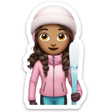 Light pink, snowy, ski girl with brown eyes standing with skis and dark brown hair sticker
