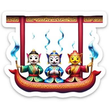 Cinematic Realistic Water Puppetry Emoji, depicted as a whimsical scene of traditional water puppets performing on a reflective water stage, rendered with vivid textures and dynamic playful lighting that captures its enchanting charm. sticker