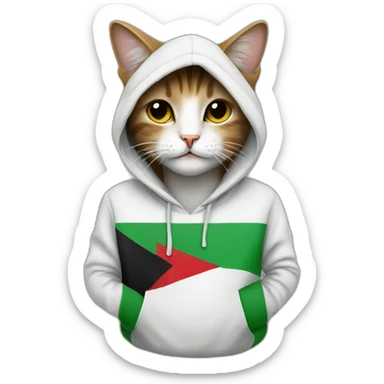 a cat wearing a hoodie with Palestinian flag sticker