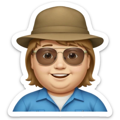 a very fat 16 year old boy who has light brown hair and a mullet and wearing a hat with upside down sunglasses on top of the hat sticker