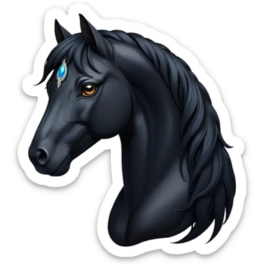 Cinematic Elegant Black Horse Portrait Emoji, Head held high with a serene, powerful gaze, showcasing a magnificent jet-black fur with a radiant, glossy finish, a flowing mane and tail, and piercing dark eyes exuding beauty and strength, Simplified yet majestically refined features, highly detailed, glowing with a soft, ethereal light, high shine, poised and breathtaking, stylized with an air of pure elegance, capturing the essence of a stunning and graceful steed, so beautiful it feels like it could gallop out of the screen with effortless charm! sticker